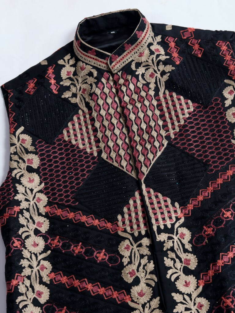 Vastranavya Black Exclusive Festival Viscose Silk Thread & Swarovski Embroidered Work Mens Wear Kurta & Koti | Grocsy
