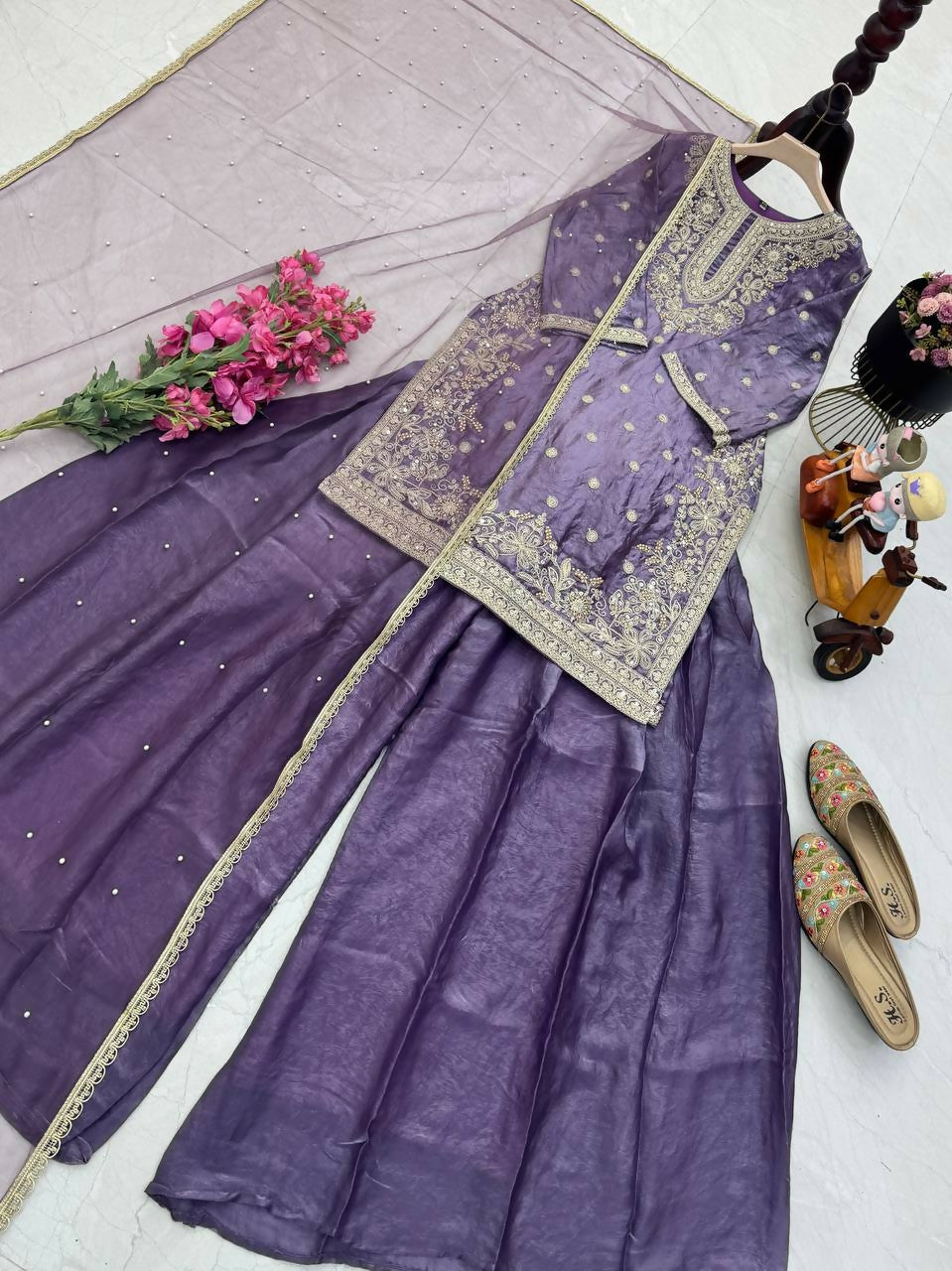Teeya Creation New Trendy Womens Wedding Wear Kurta Palazzo Set - Lavender | Grocsy