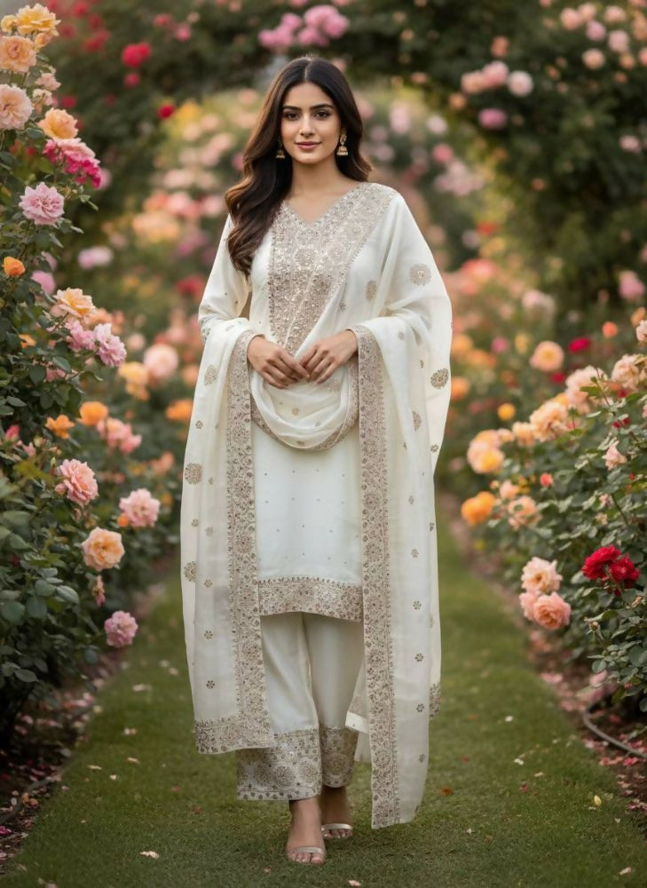 Teeya Creation White Color Fendy Silk Embroidery Work Wedding Wear Salwar Suit | Grocsy