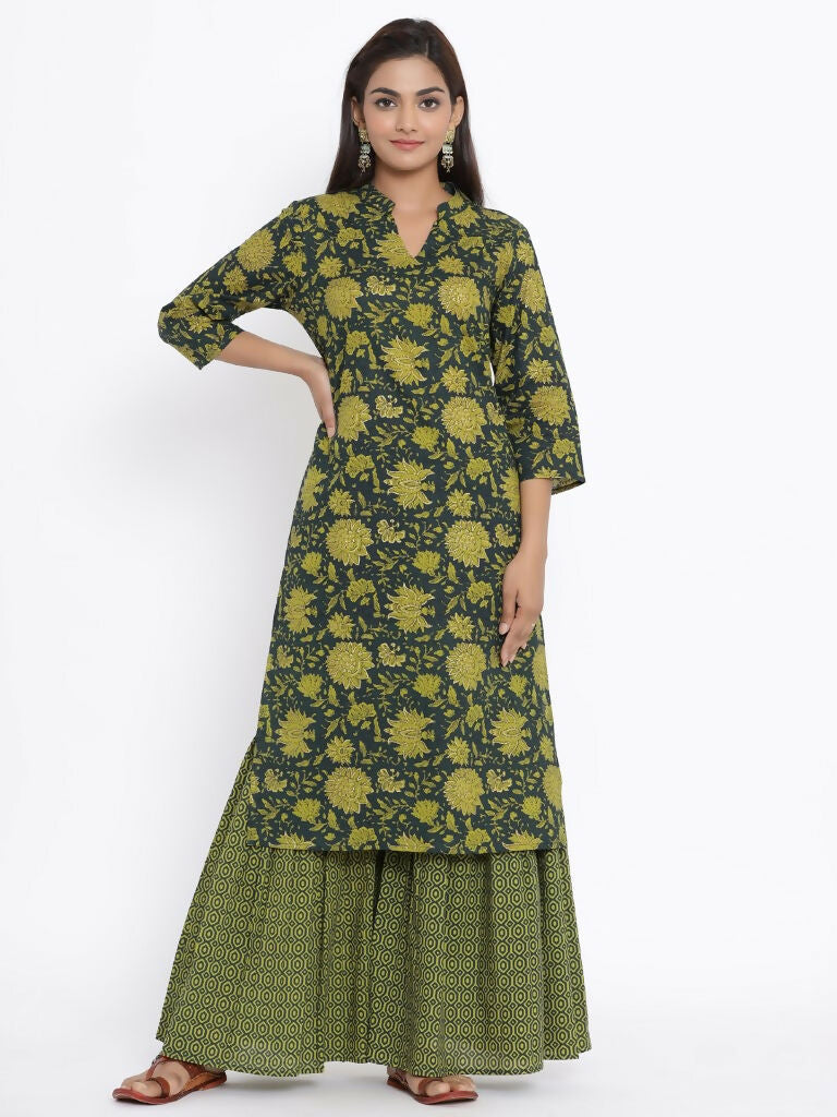 Miravan Women's Green & Yellow Floral Printed Pure Cotton Kurta With Sharara | Grocsy