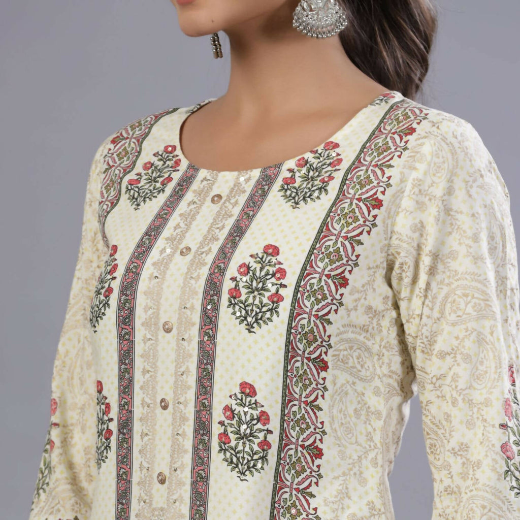 Juniper Women Yellow Rayon Printed Kurta, Pants and Dupatta Set | Grocsy
