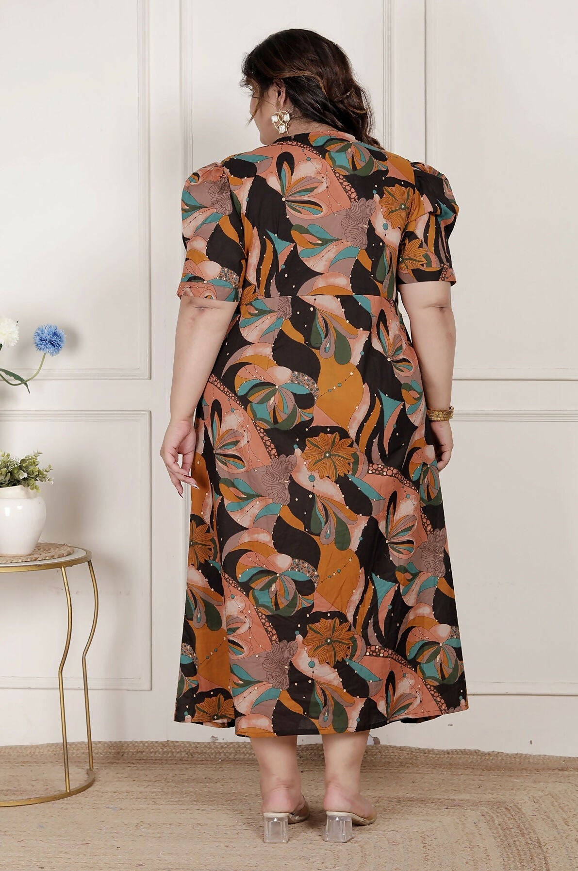 Miravan Womens Plus Size Pure Cotton Black Puff Sleeve Floral Printed Butterfly Maxi Dress | Grocsy