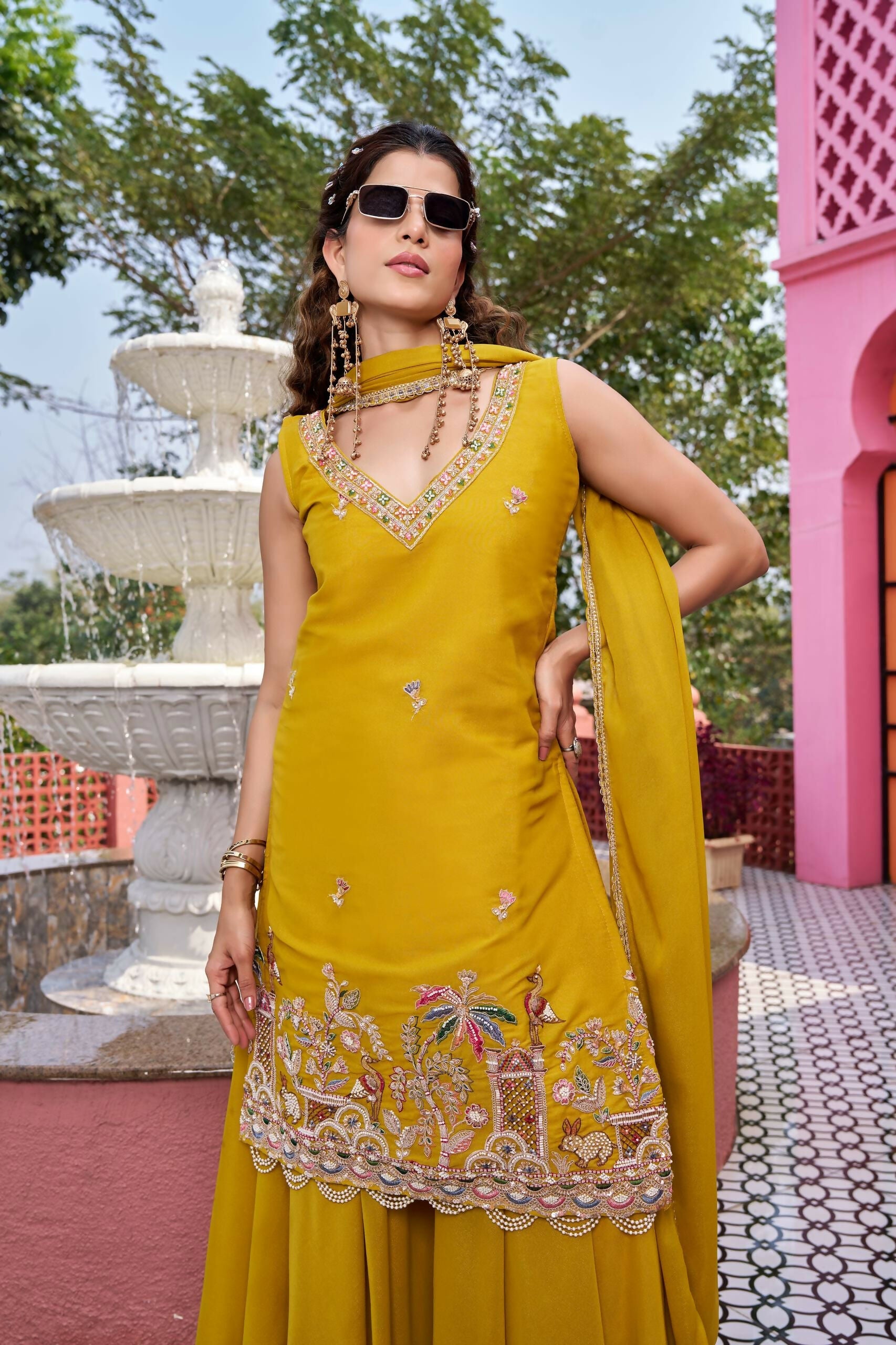 Teeya Creation Womens New Stylish Moti Beads With Cording Sequence Thread Embroidery Work Yellow Kurta Set | Grocsy
