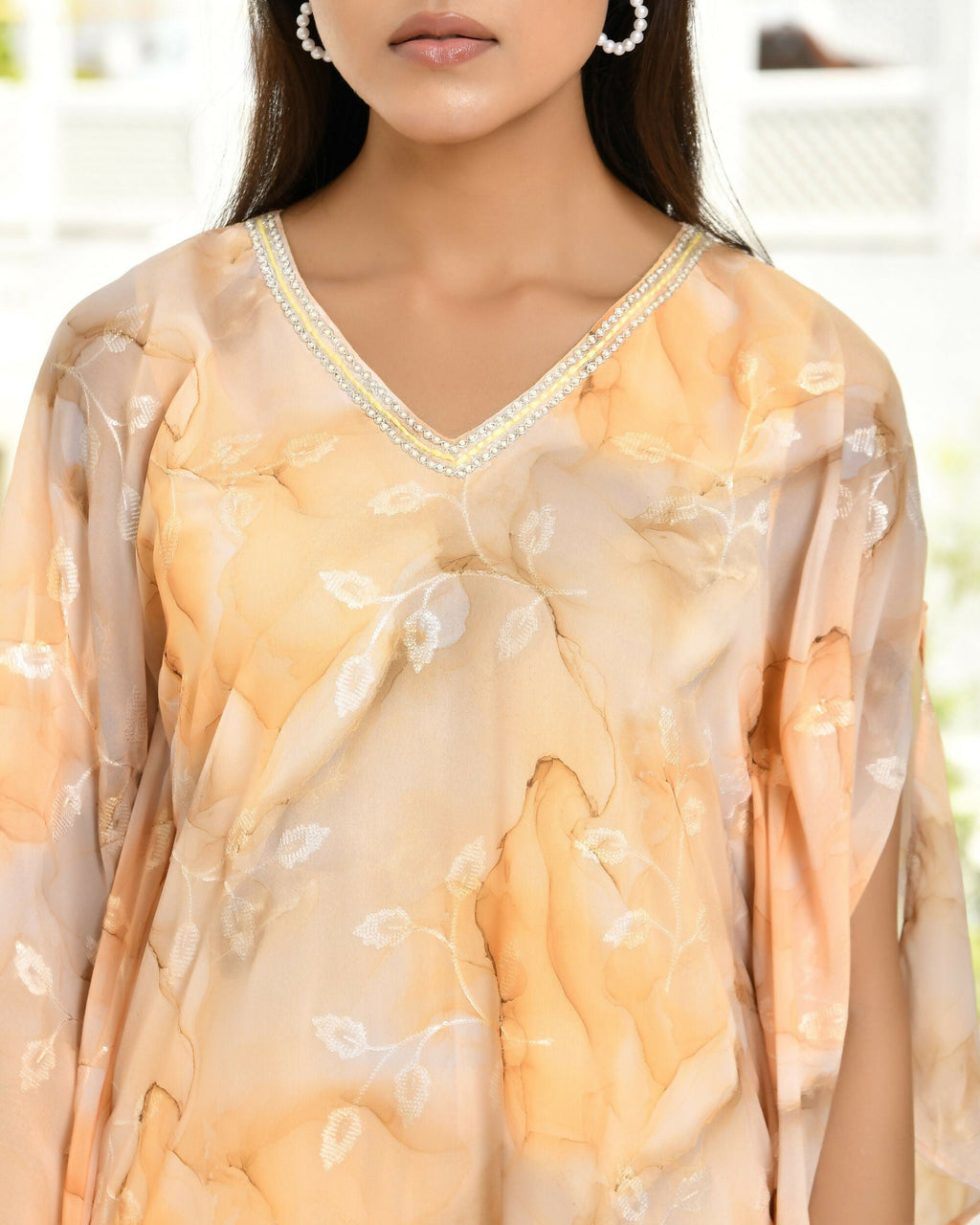 Vaasva Women's Lemon Georgette Marble Print Kaftan Pant Set | Grocsy