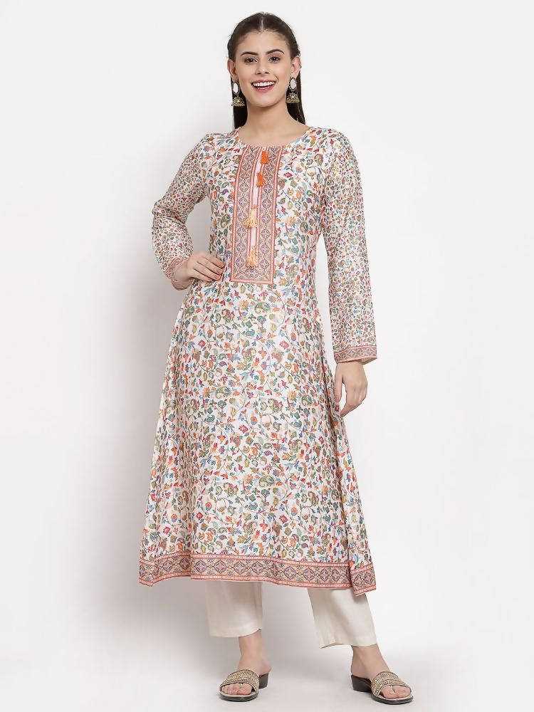 Myshka Women's Multi Cotton Printed Full Sleeve Round Neck Casual Kurta | Grocsy