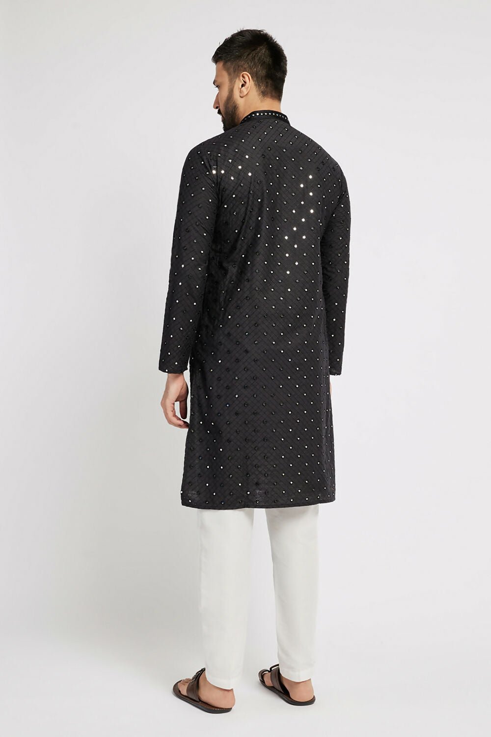 Ethnic India Black Men's Kurta Embellished Cotton | Grocsy