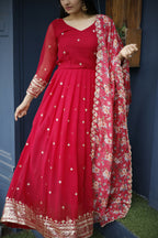 Aayaa Designer Embroidery Zari Sequins-Work Faux Blooming Georgette Suit - Red | Grocsy