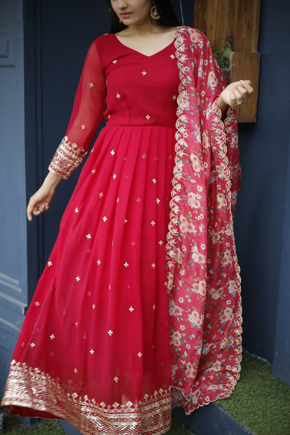 Aayaa Designer Embroidery Zari Sequins-Work Faux Blooming Georgette Suit - Red | Grocsy