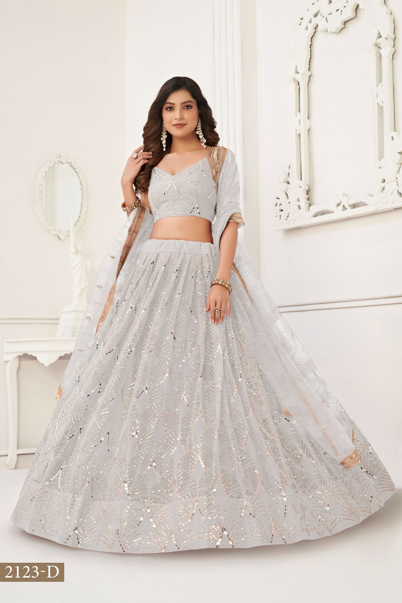 Eilara Glamorous Off White Net With Sequins And Thread Embroidery Real Mirror Work Lehenga Choli For Wedding | Grocsy