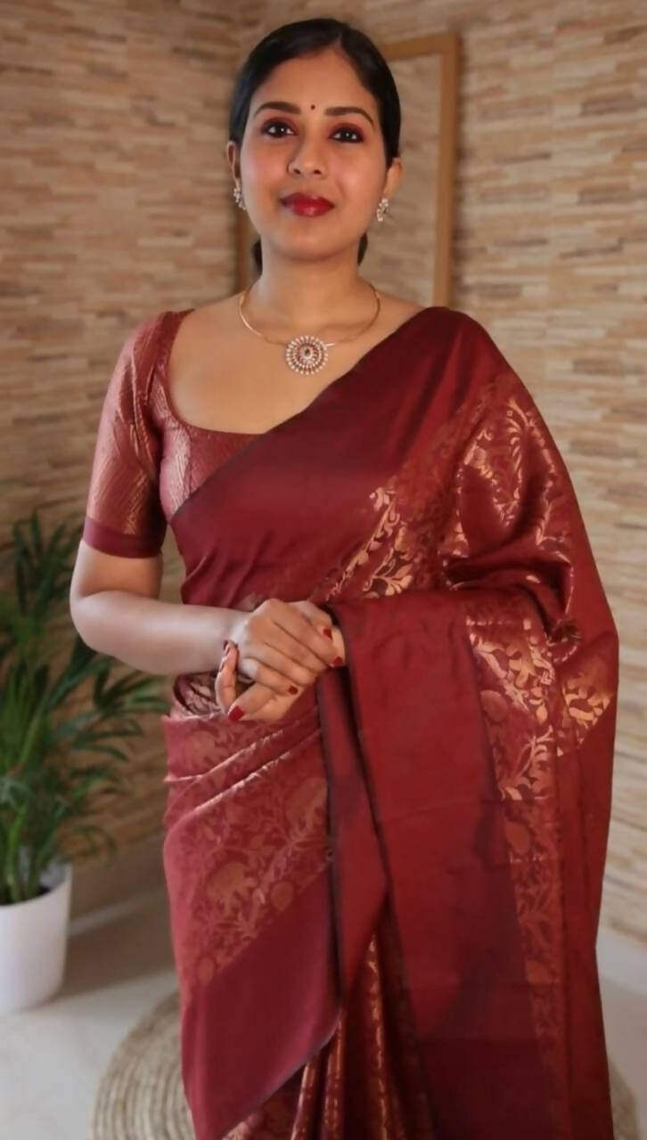 DEIANA'S Beautiful Designer Golden zari Soft Lichi Silk Saree - Brown | Grocsy