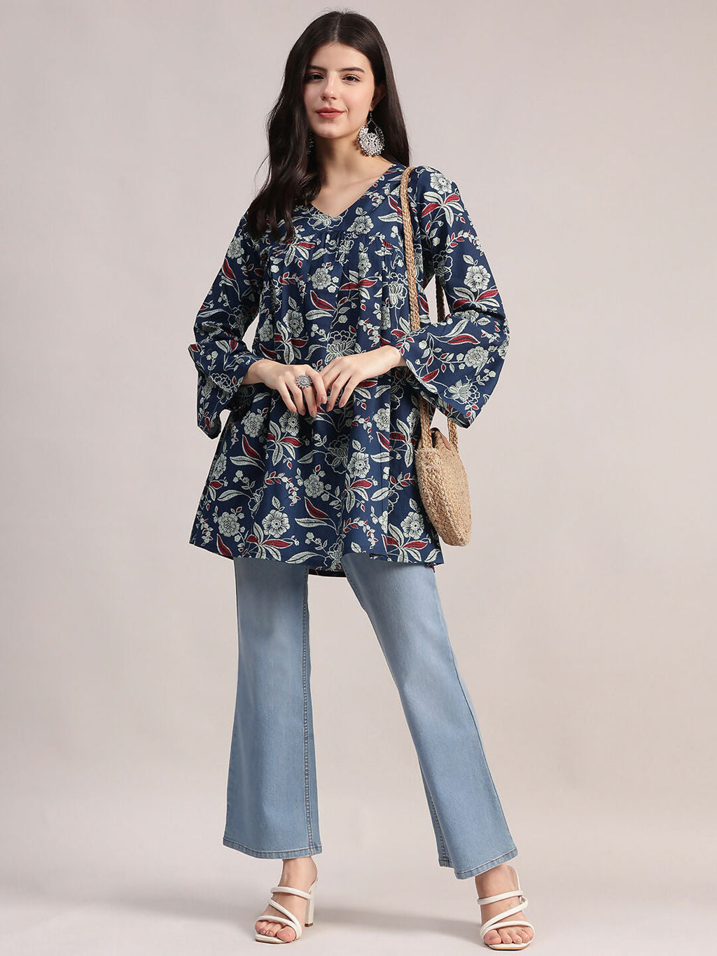 Aavyora Women's Navy Blue Cotton Tunic with Red and White Floral Print, Pin-Tuck Detailing, and Flared Sleeves | Grocsy