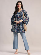 Aavyora Women's Navy Blue Cotton Tunic with Red and White Floral Print, Pin-Tuck Detailing, and Flared Sleeves | Grocsy