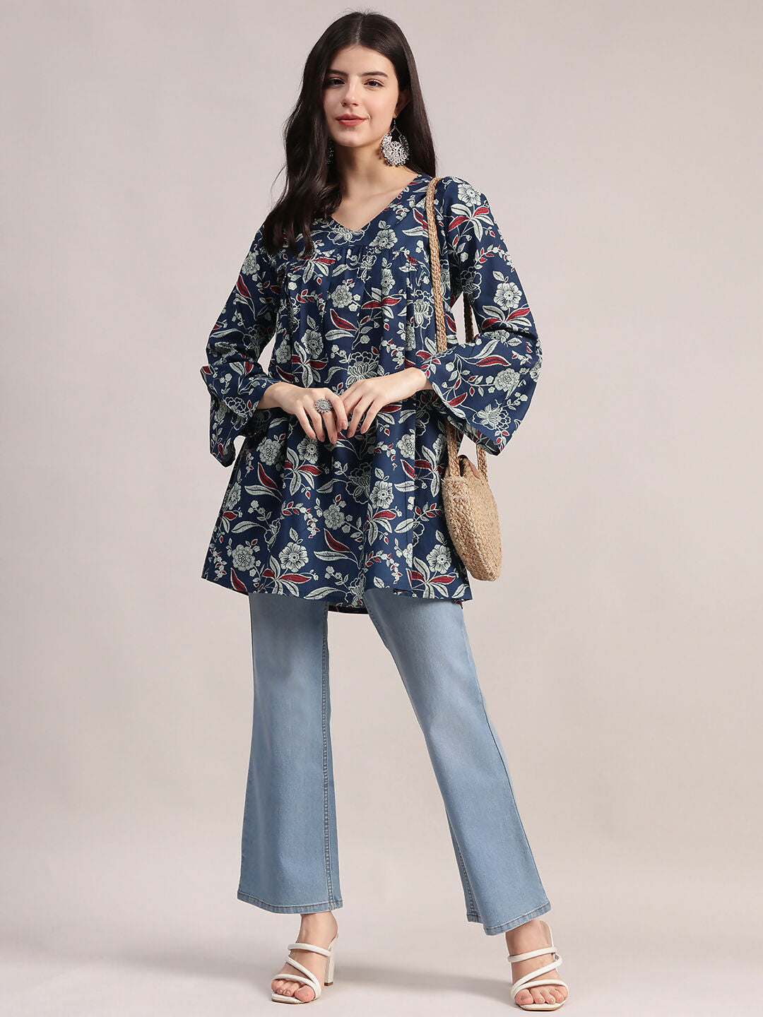 Aavyora Women's Navy Blue Cotton Tunic with Red and White Floral Print, Pin-Tuck Detailing, and Flared Sleeves | Grocsy