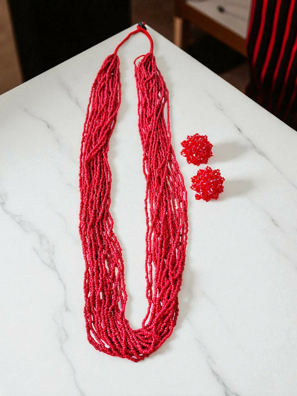 Inhanns Rangsaaz 20-Layer Luxe Long Beaded Necklace (With Optional Statement Earrings) - Red With Earring | Grocsy