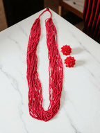 Inhanns Rangsaaz 20-Layer Luxe Long Beaded Necklace (With Optional Statement Earrings) - Red With Earring | Grocsy