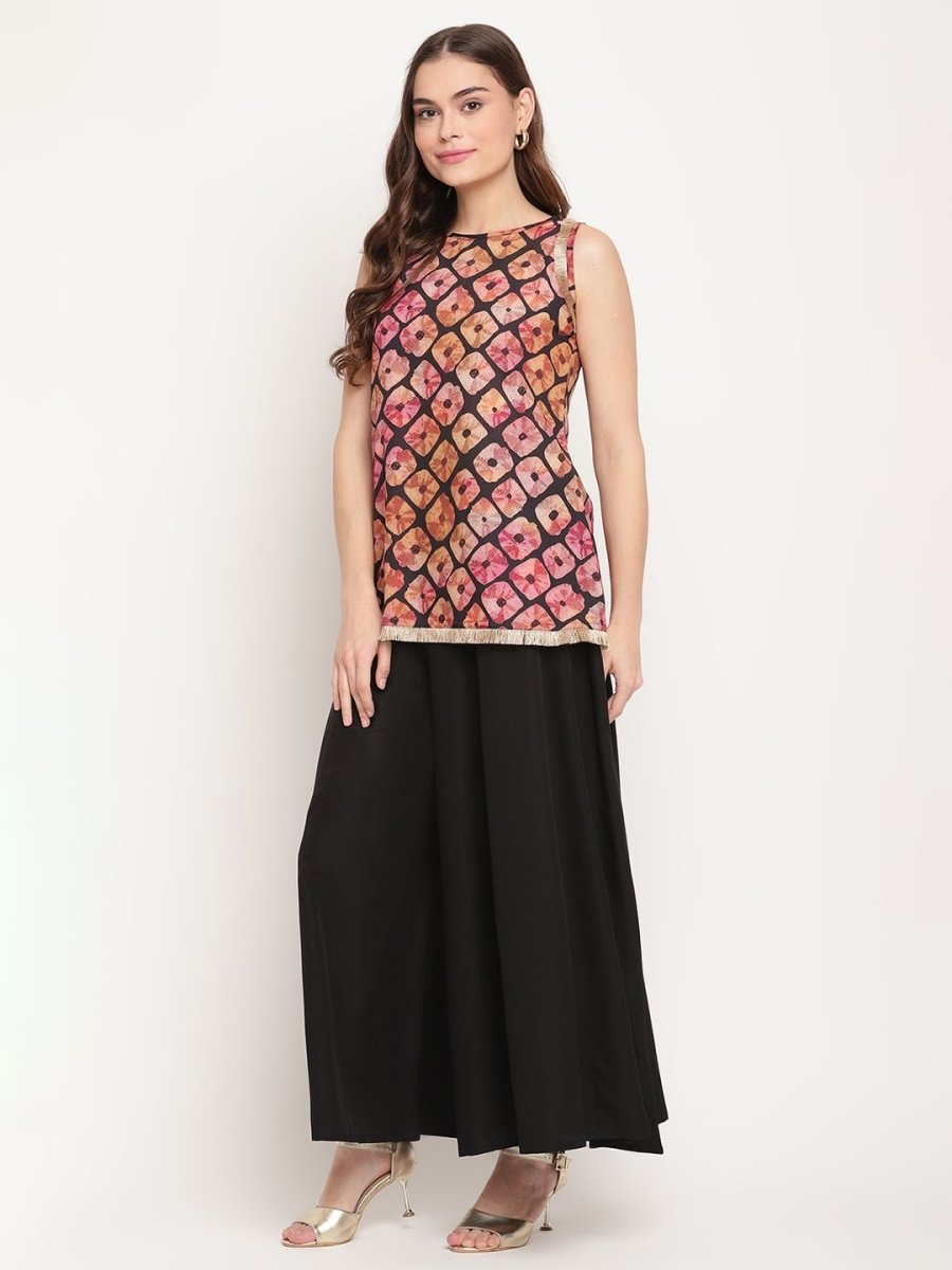 Ahalyaa Women's Black Crepe Digital Shibori Print Top Palazzo Set | Grocsy