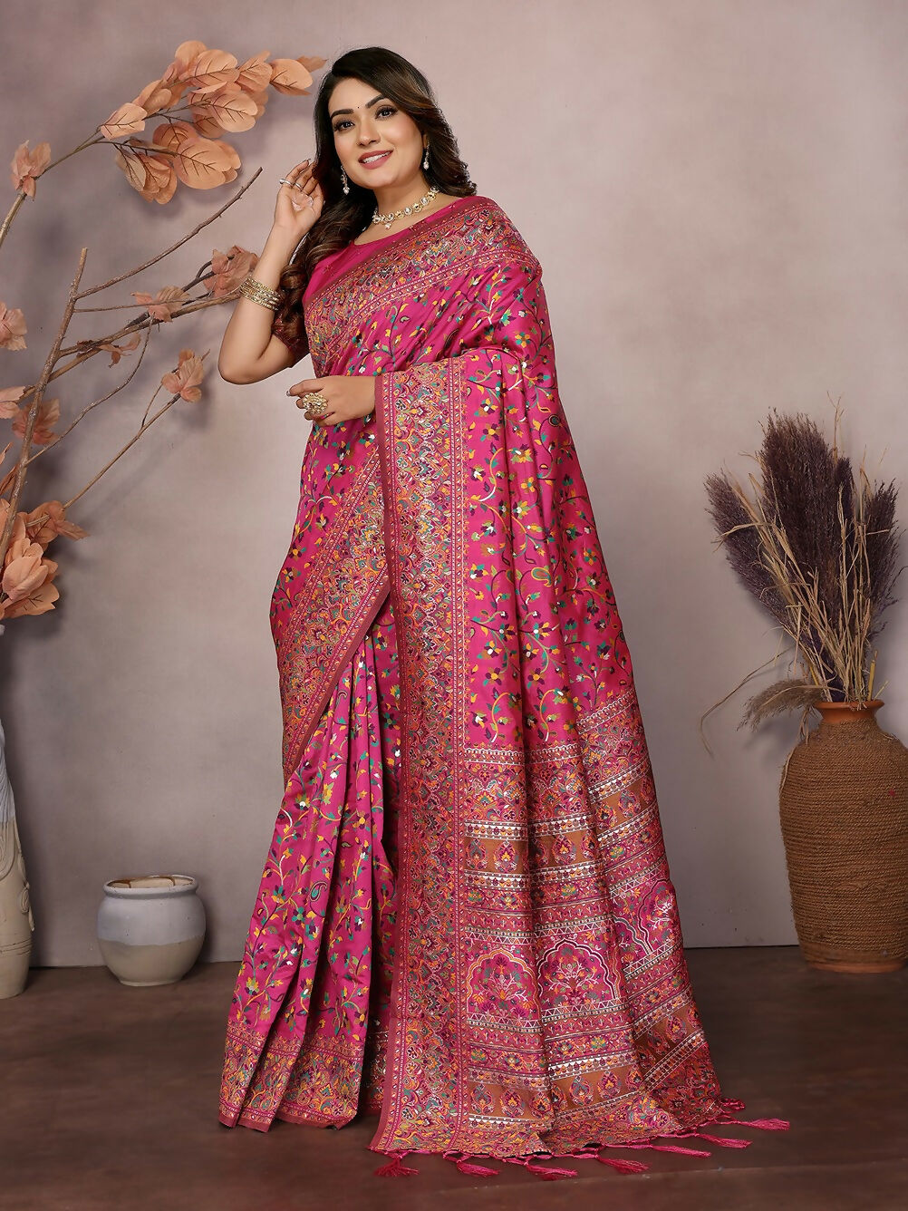 Joban Fashion Rani Pink Meena Weaves Pashmina Sarees | Grocsy