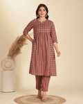 Aramya Red Soft Cotton Geometric Print Panelled Kurta Set for Women | Grocsy