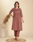Aramya Red Soft Cotton Geometric Print Panelled Kurta Set for Women | Grocsy