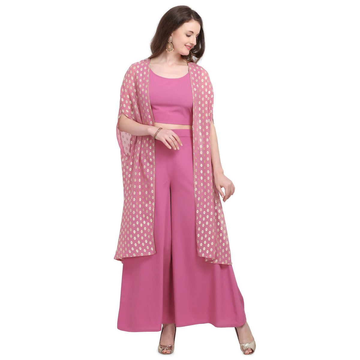Vamika Crepe Rubber Print Pink Party Wear/Casual Wear/Office Wear Top Plazzo With Shrug | Grocsy