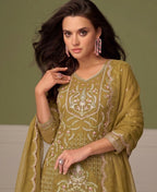 KC Beautiful Mustard Chiffon Silk Hand Embroidery Suit For Women | Grocsy