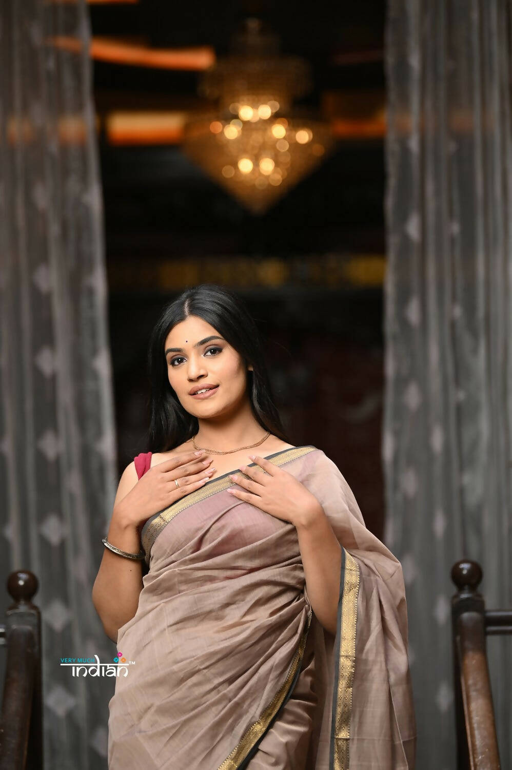 Very Much Indian VMI Exclusive Designer! Handloom Cotton Silk Saree With Sleek Golden Border - Warm Taupe | Grocsy