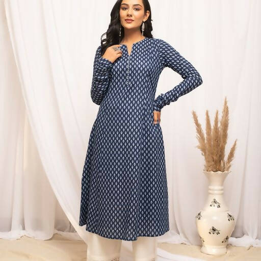 FIORRA Women's Floral Printed Navy Blue Cotton A-Line Kurta | Grocsy