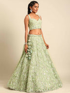 House of Panchhi Lime Green Net Sequins and Zarkan embroidery Lehenga choli & Dupatta | Grocsy
