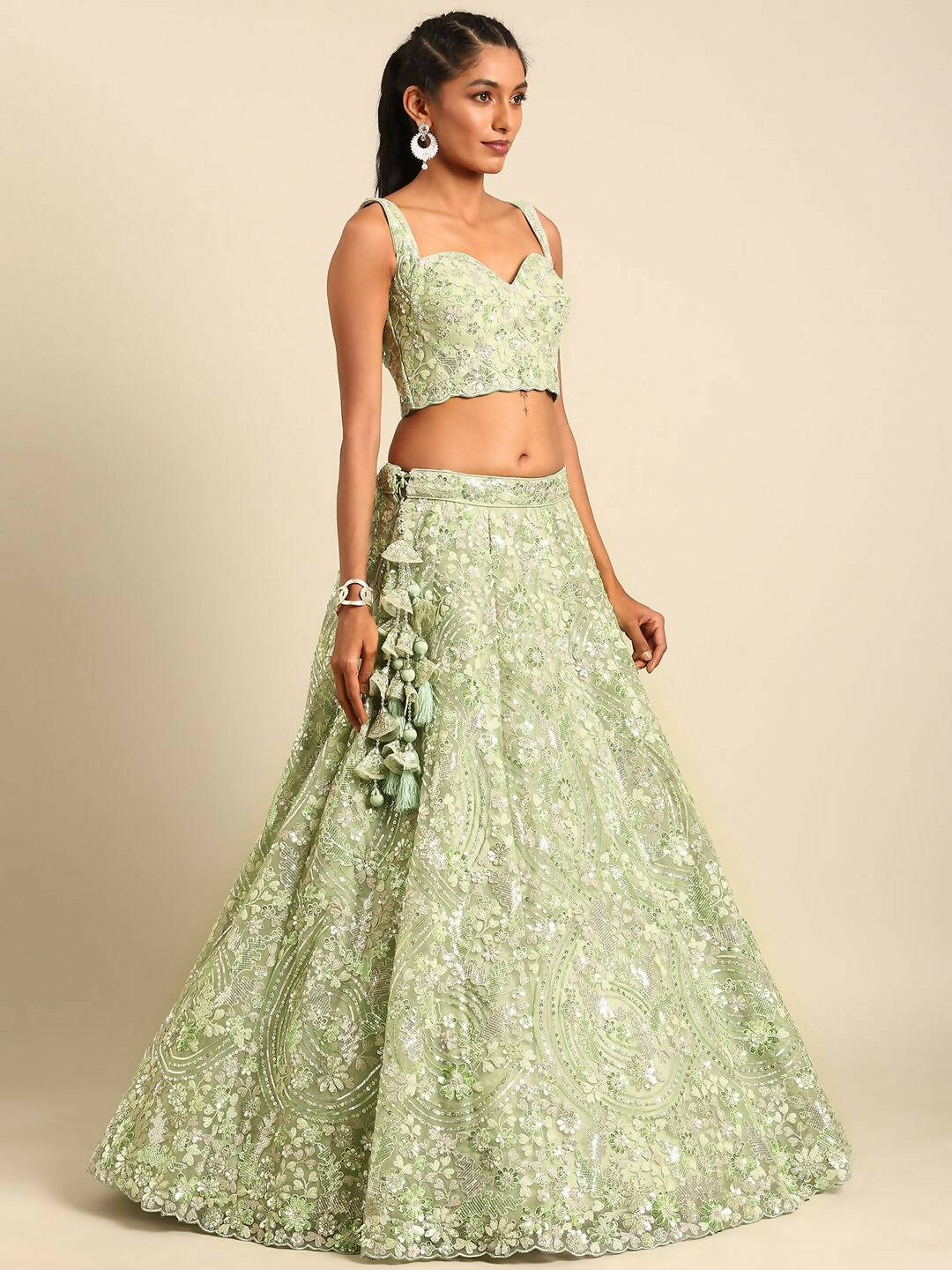 House of Panchhi Lime Green Net Sequins and Zarkan embroidery Lehenga choli & Dupatta | Grocsy