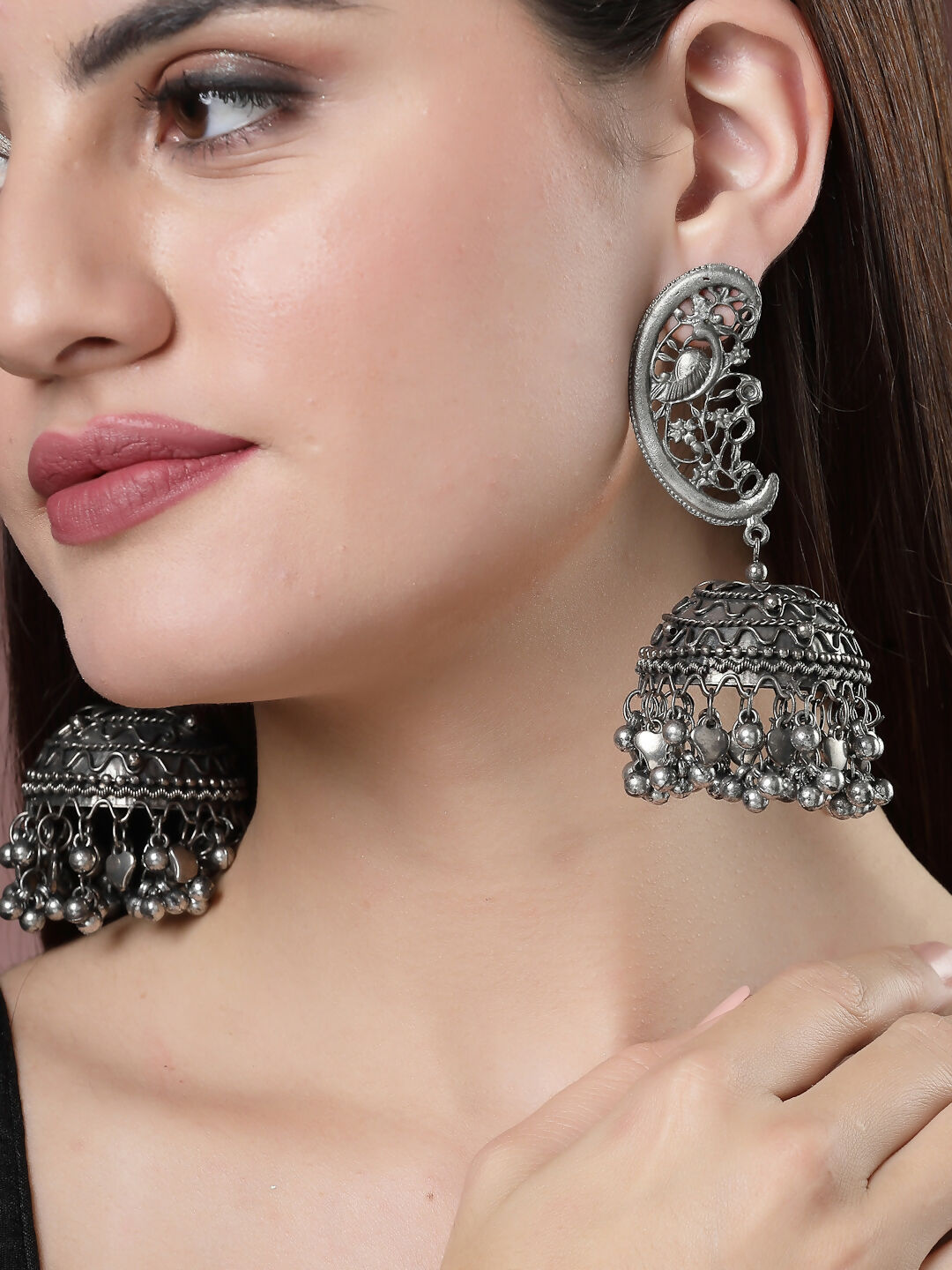 NVR Women's Silver-Plated Oxidised Dome Shaped Jhumka Earrings | Grocsy