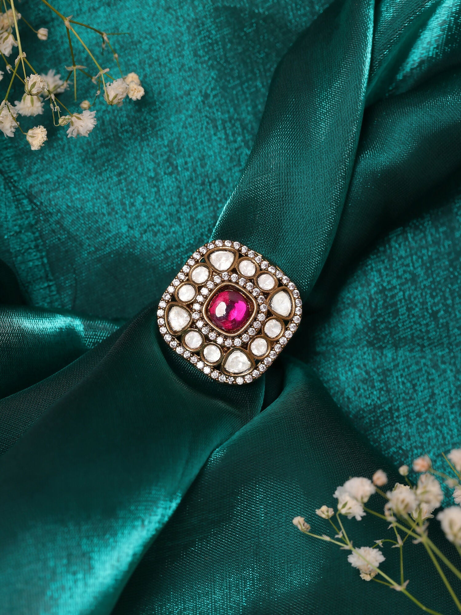 Ruby Raang Gold Polished Maroon Kundan And Stone Ring | Grocsy
