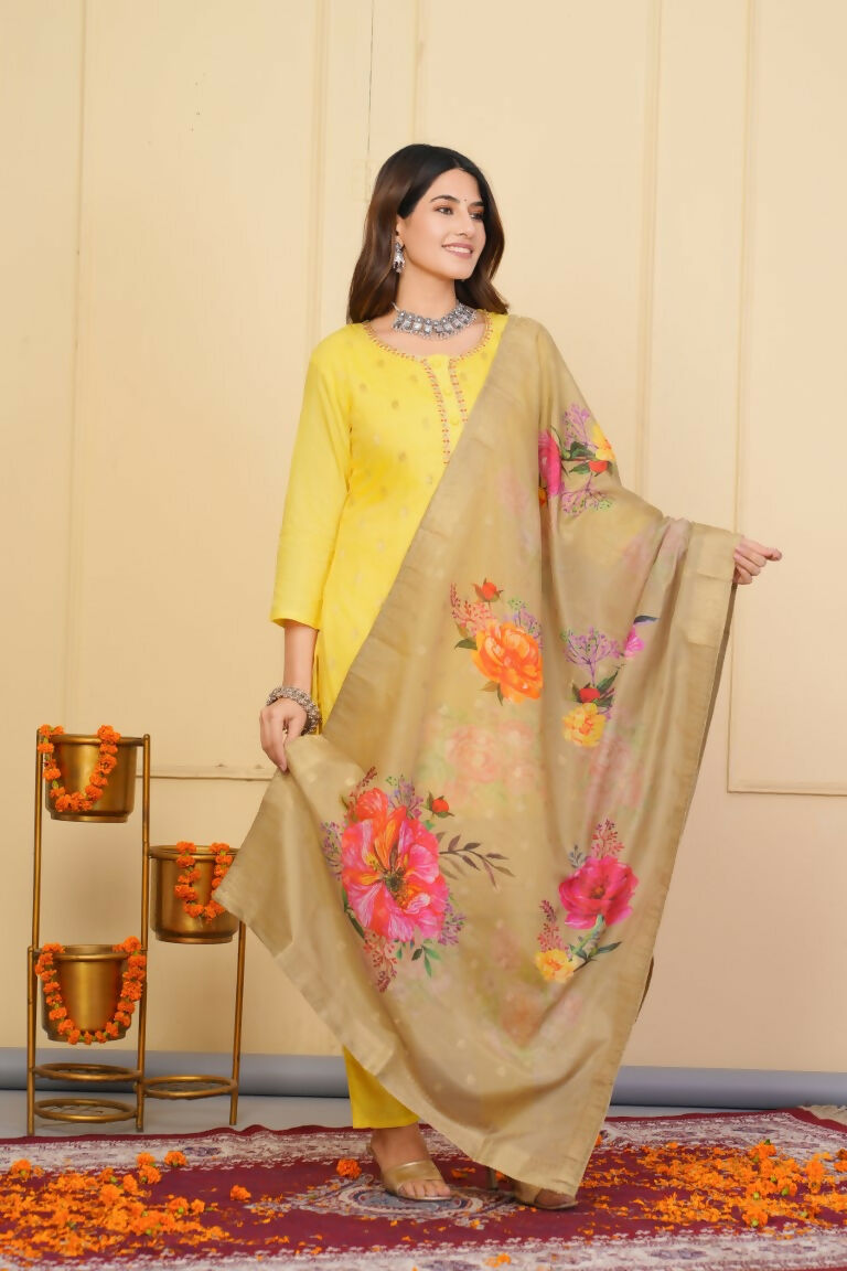 Yellow Viscose Organza Jacquard Embroidered Stitched Suit With Dupatta - Tanisha | Grocsy
