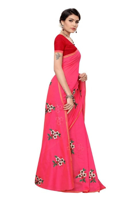 Vamika Chanderi Cotton Embroidery Pink Saree (MOGRA PINK) | Grocsy