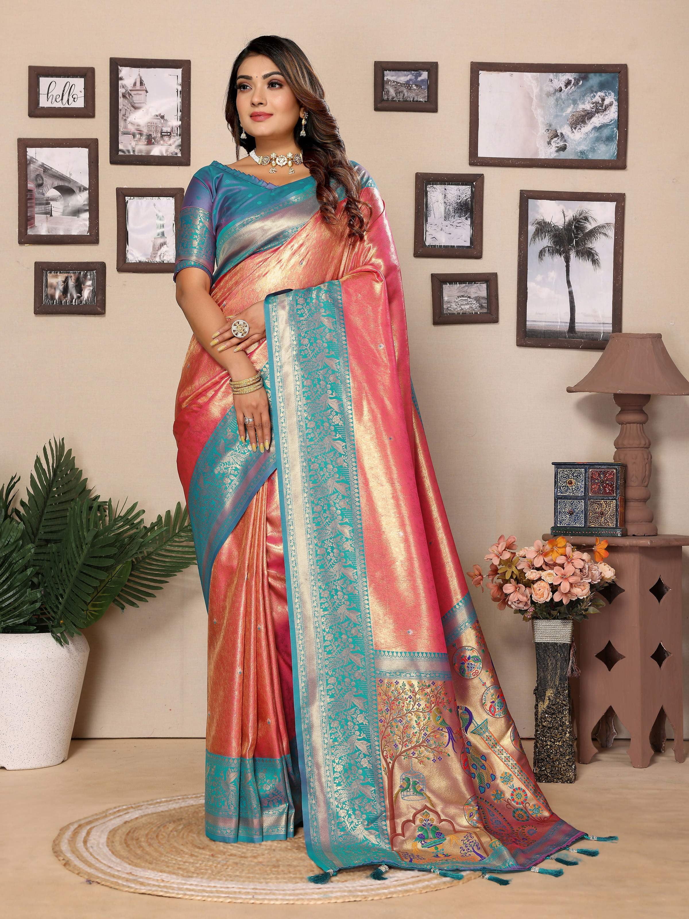 Aastha Fashion Pink Tissue Silk Weaving Saree | Grocsy