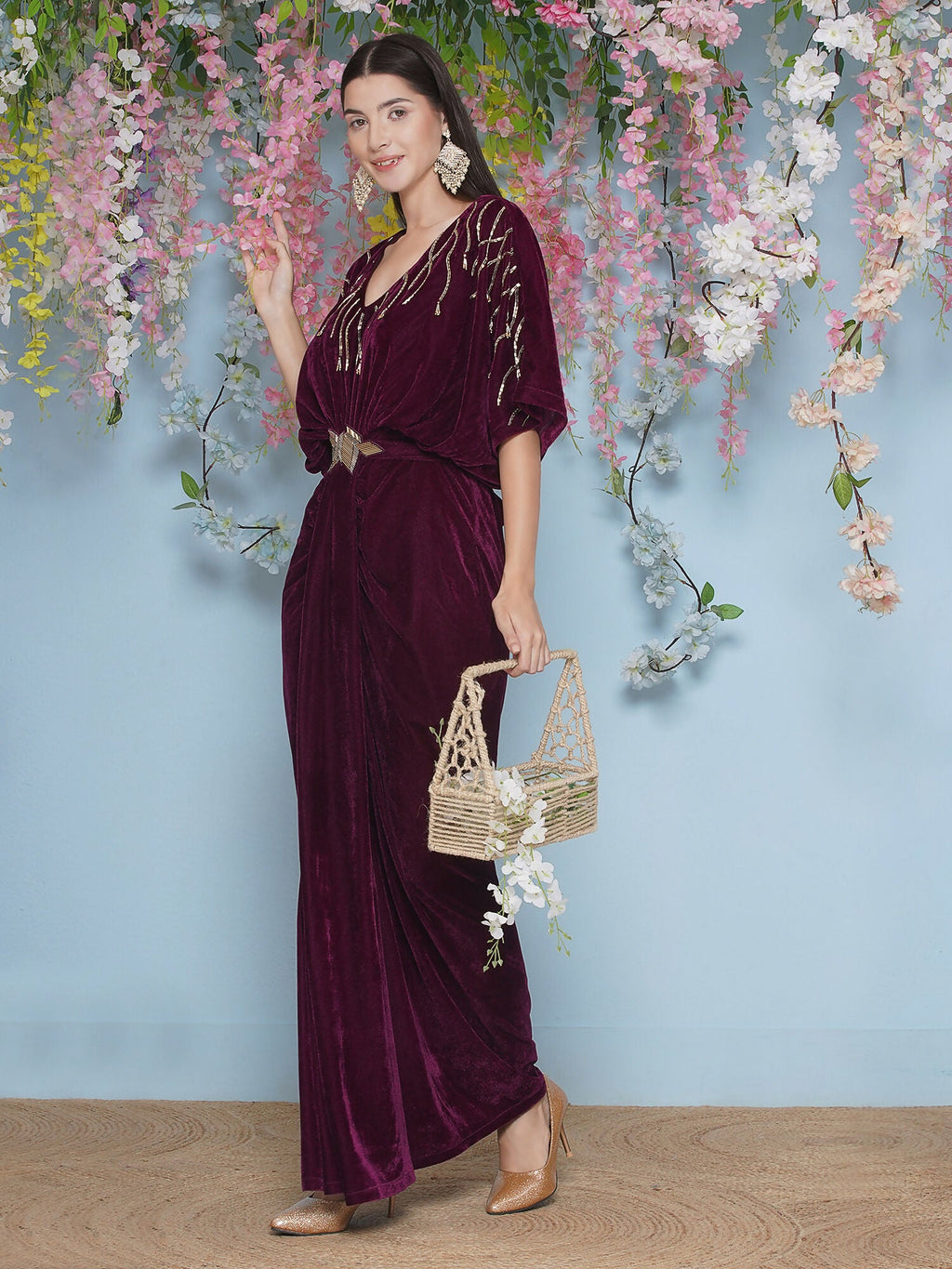 Joban Fashion Wine Hand Embellished Velvet Gown With Belt | Grocsy