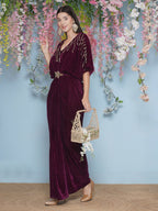 Joban Fashion Wine Hand Embellished Velvet Gown With Belt | Grocsy