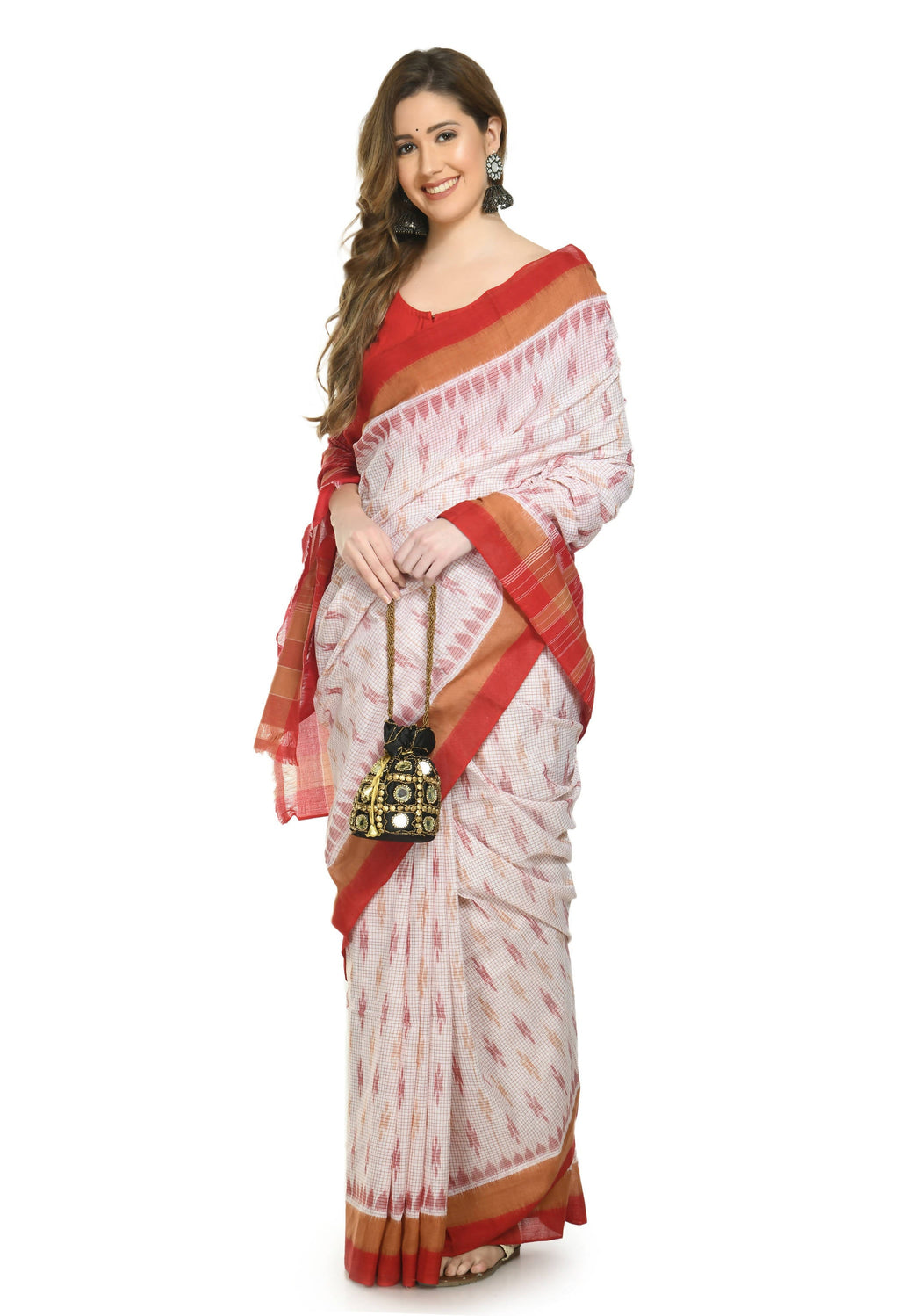 Vamika Sambalpuri Ikat Cotton Dehabandha Badafula White & Light Red Saree | Grocsy