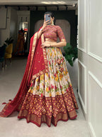 Vastranavya Exquisite Tussar Silk Lehenga Set With Perfect Floral And Patola Print Design Lehenga Choli - Red | Grocsy