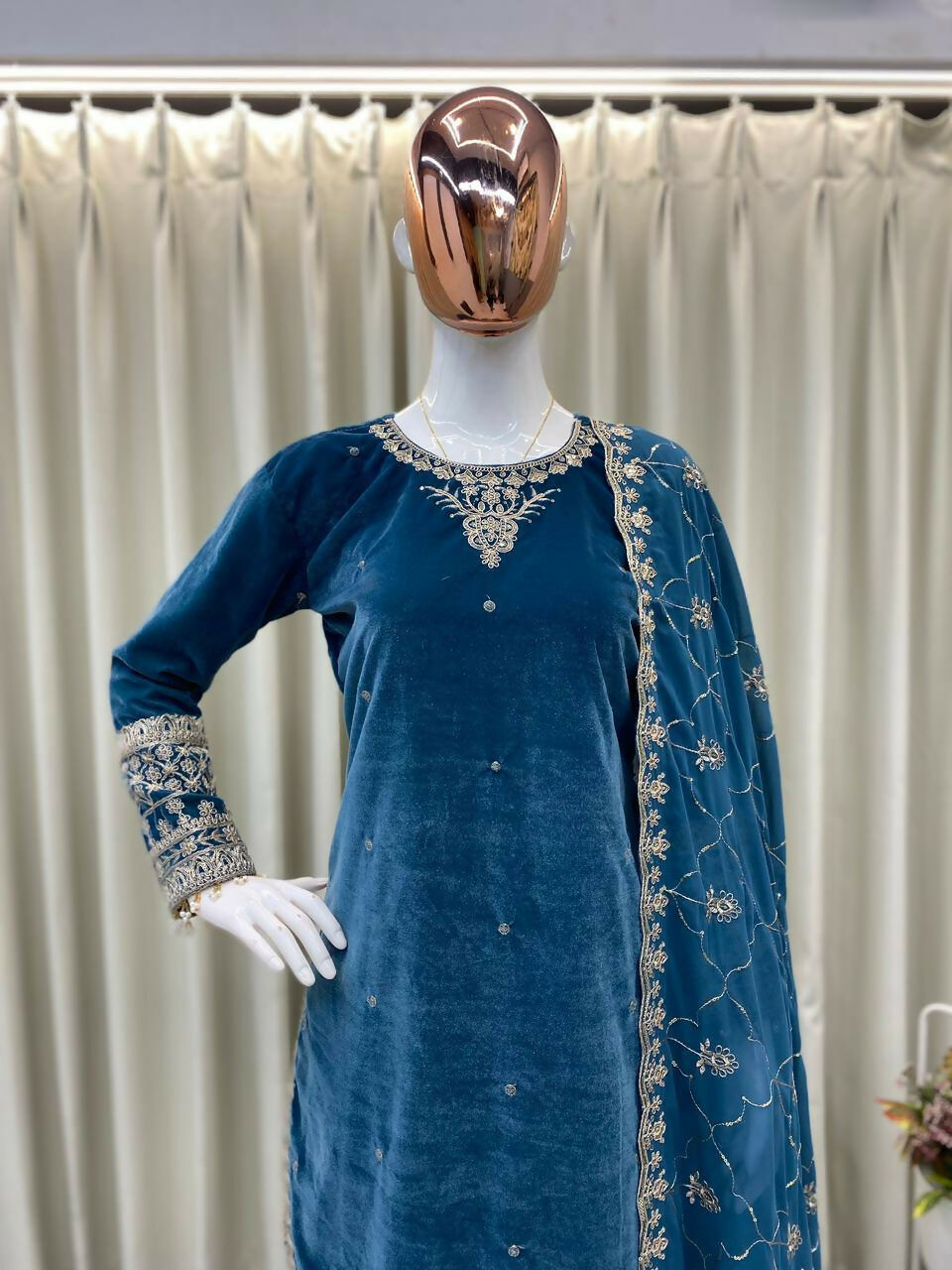 Vastranavya Sea Blue Velvet Sequence Embroidery Work Kurta & Bottom With Dupatta | Grocsy