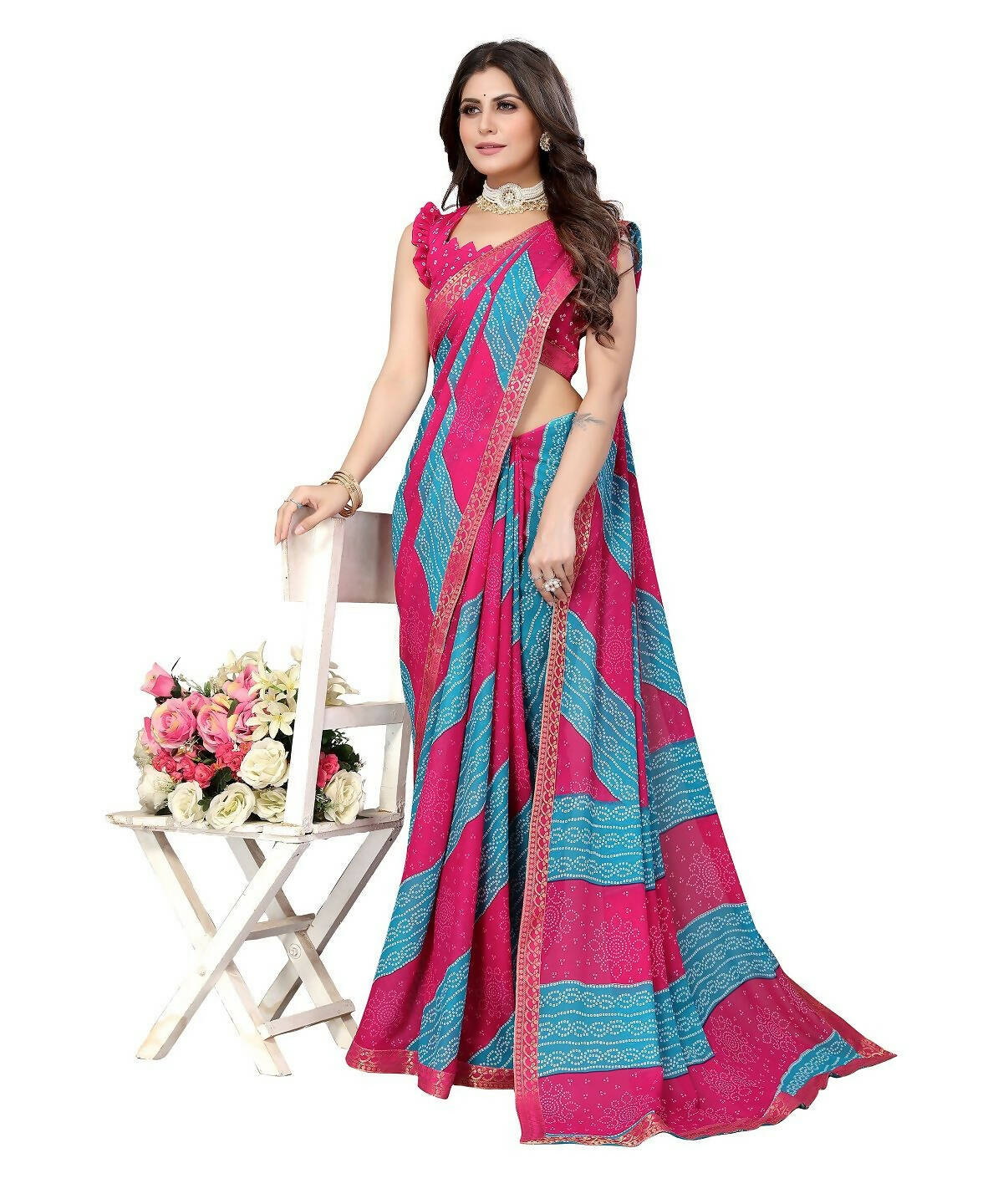 Vamika Pink Georgette Printed With Lace Saree (MANYA PINK SKY BLUE) | Grocsy