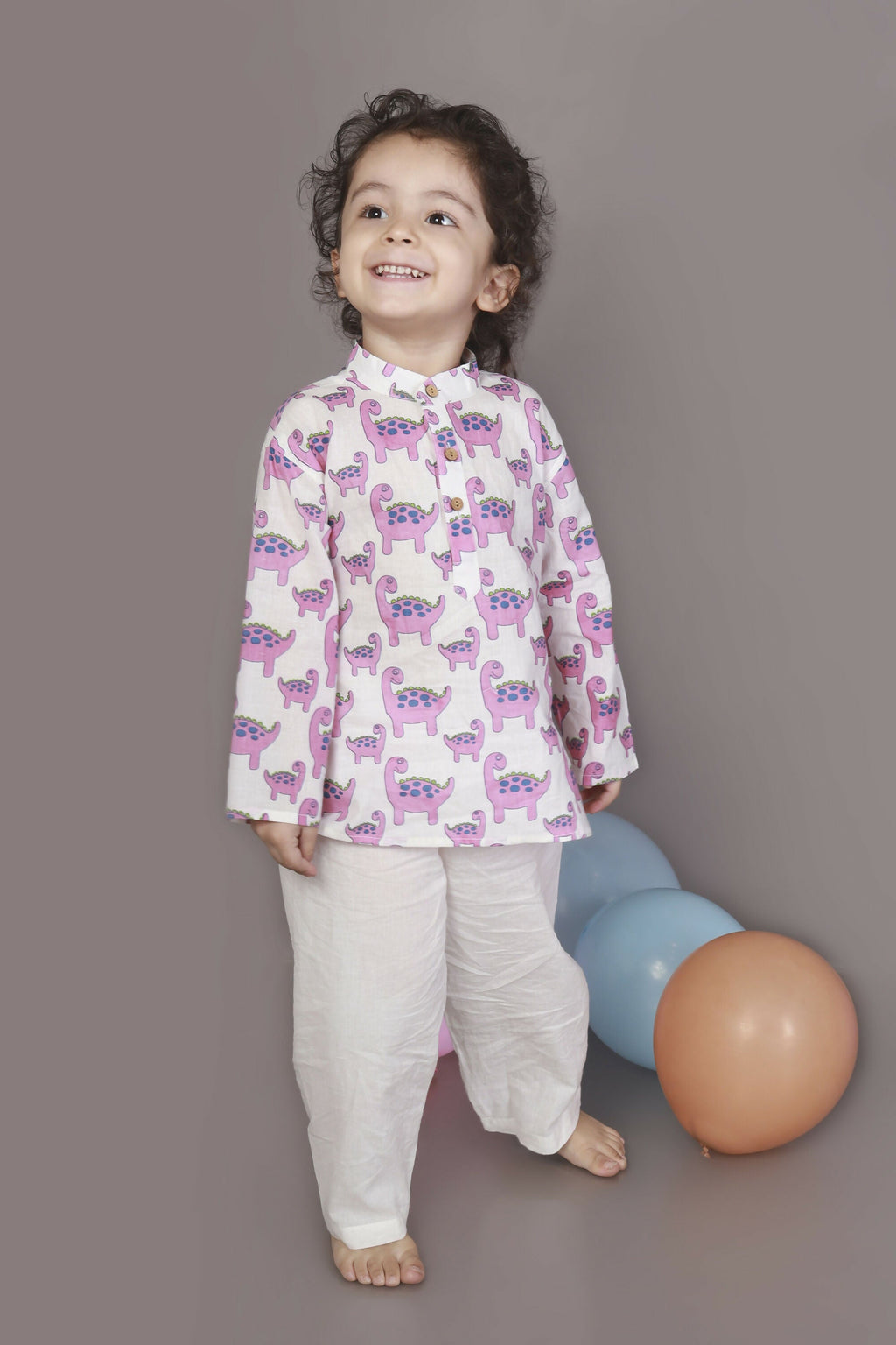 Breathables Kids Boys & Girls Cotton Night Suit – Purple Dinosaur Print Kurta & Pyjama Co-Ord Set | Grocsy