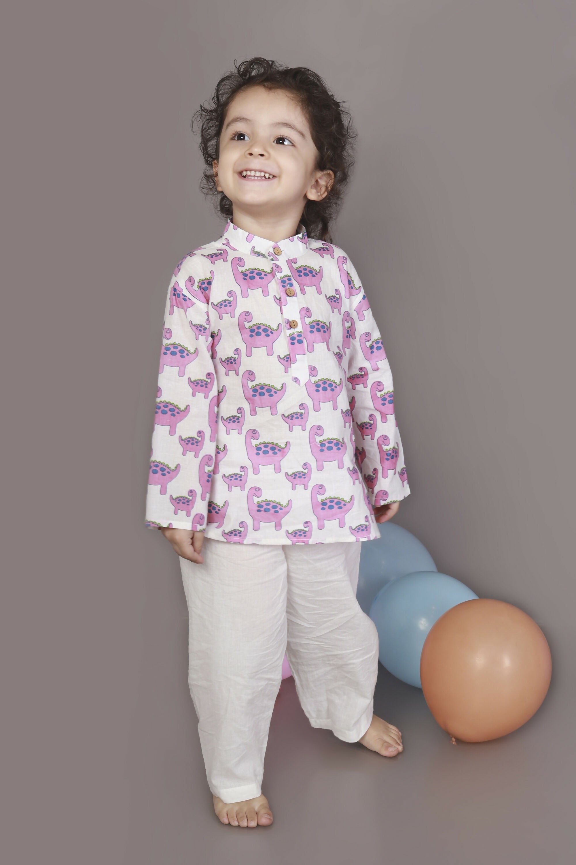 Breathables Kids Boys & Girls Cotton Night Suit – Purple Dinosaur Print Kurta & Pyjama Co-Ord Set | Grocsy