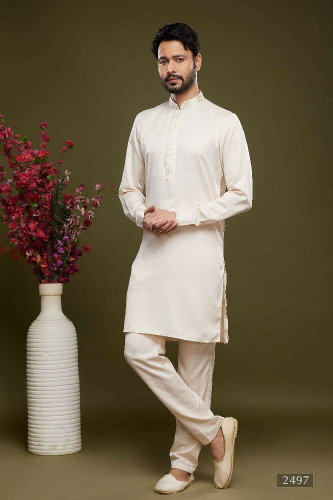 Raivat Ethnic Art Banarasi Silk Thread Work Kurta Pajama In Cream Colour | Grocsy