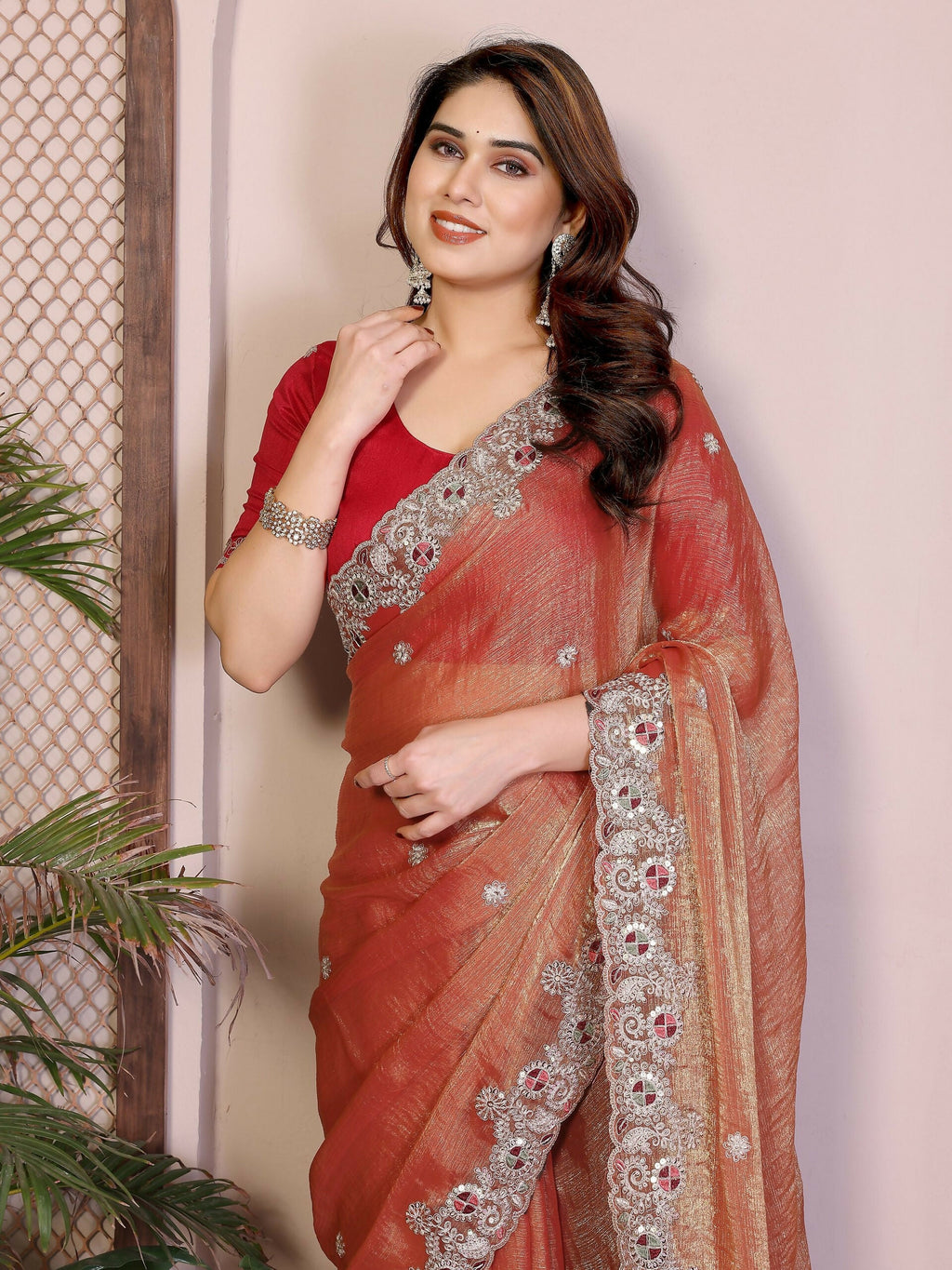 Teeya Creation New Womens Latest Party Wear Soft Chiffon Silk Saree-Peach | Grocsy