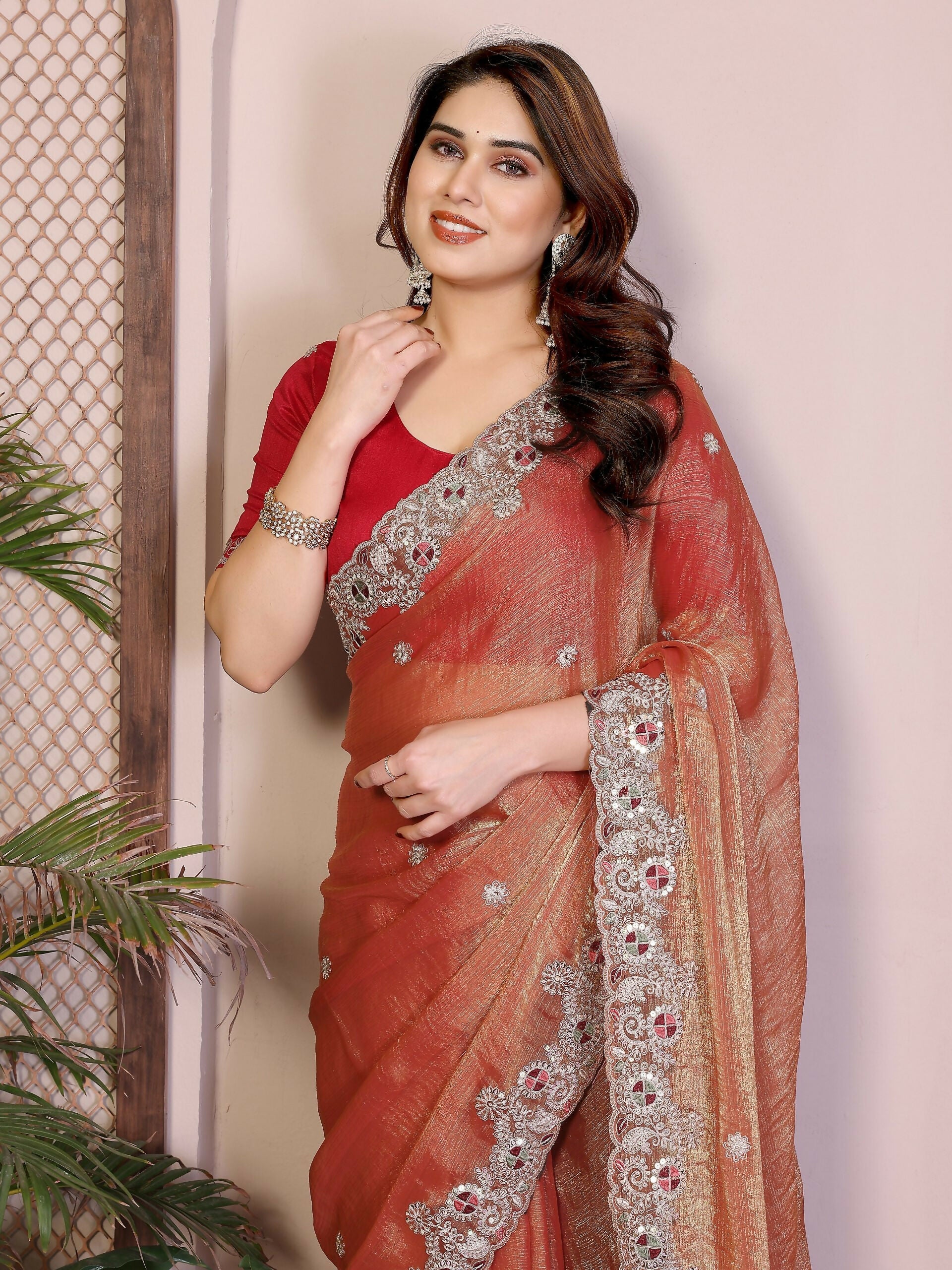 Teeya Creation New Womens Latest Party Wear Soft Chiffon Silk Saree-Peach | Grocsy