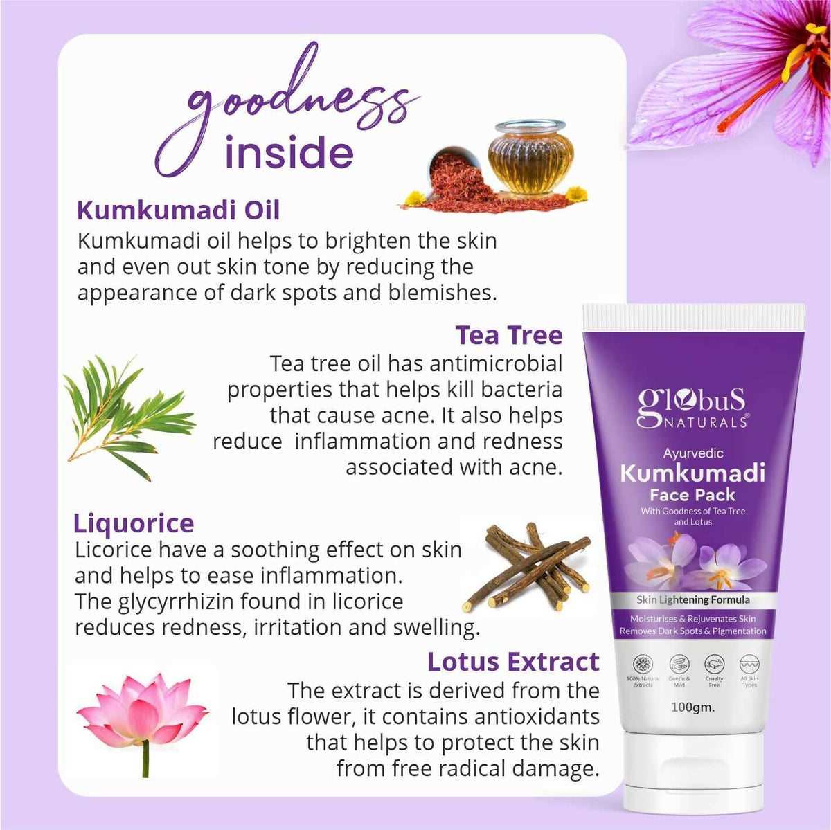 Globus Naturals Ayurvedic Kumkumadi Skin Lightening Face Pack, Suitable For All Skin Types | Grocsy