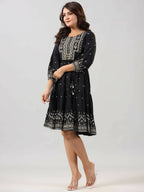 Juniper Women Black Rayon Printed Short Tiered Dress | Grocsy
