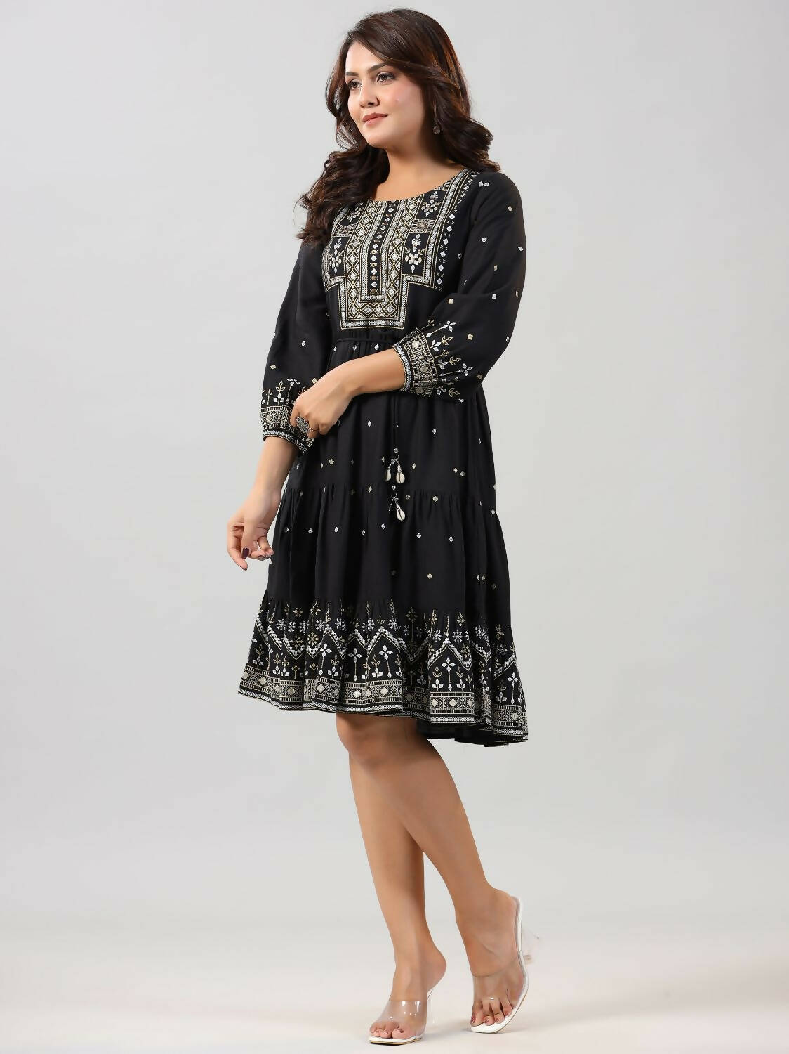 Juniper Women Black Rayon Printed Short Tiered Dress | Grocsy