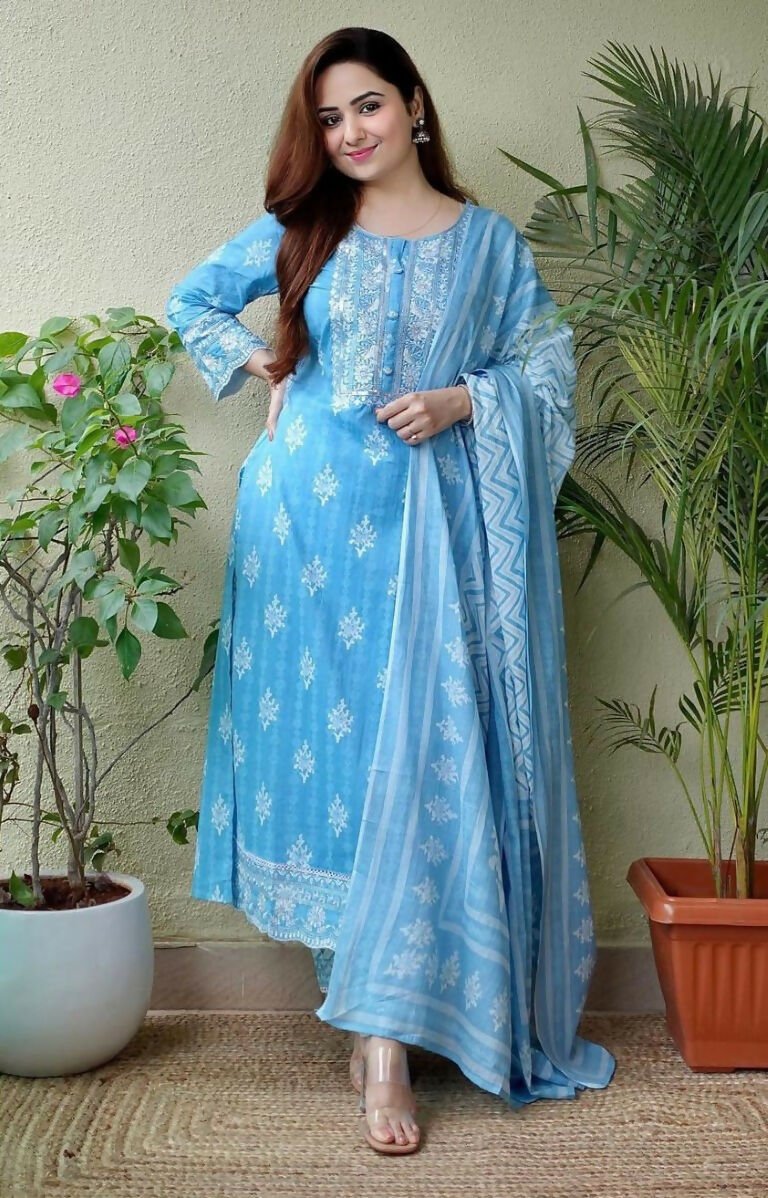 Alvano Women's Printed Straight 3Pcs Kurti with Pant and Dupatta set Cotton (Light Blue) | Grocsy