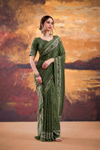Vastranavya Mehendi Crepe Printed Saree with Unstitched Blouse | Grocsy
